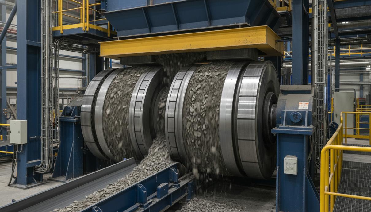 Крупный план высоконапорной валковой дробилки ENDURON в современном горнодобывающем перерабатывающем комплексе.