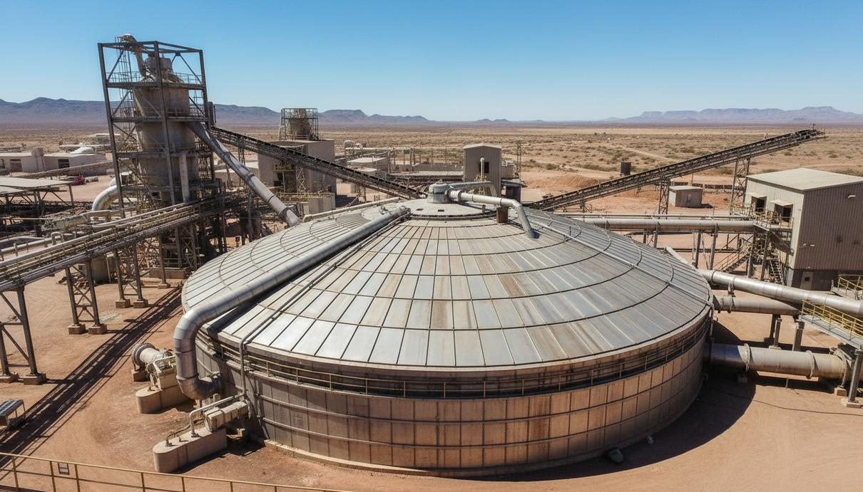 Гигантский промышленный сгуститель диаметром 50 метров на калийном заводе. Конструкция из суперсплава с герметичной крышкой и изоляцией среди труб. Задний план - засушливый пейзаж.