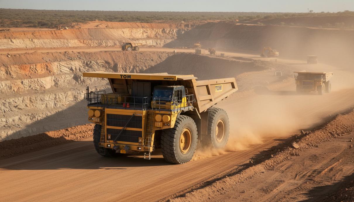 Автономный карьерный самосвал Komatsu HD1500 в работе на горнодобывающем участке Mulgarrie, Западная Австралия. Открытый рудник, тяжелая техника, пыль.