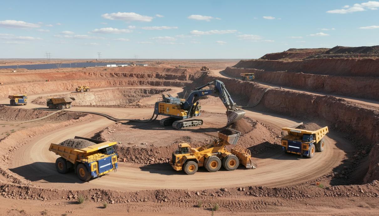 Электрические автономные карьерные самосвалы и гидравлические экскаваторы в большом открытом горнодобывающем карьере.