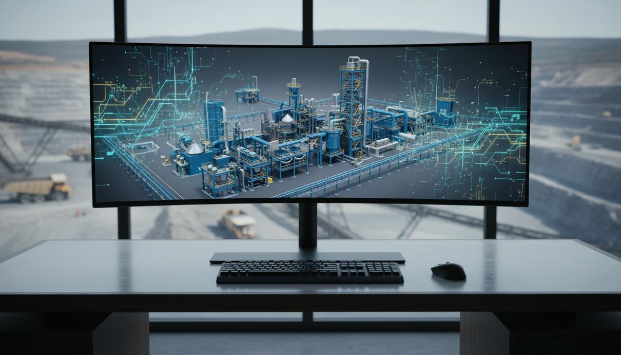 Цифровая 3D-модель горно-обогатительного завода с визуализацией ИИ на большом мониторе в современном офисе. На заднем плане виднеется карьер с промышленным оборудованием.