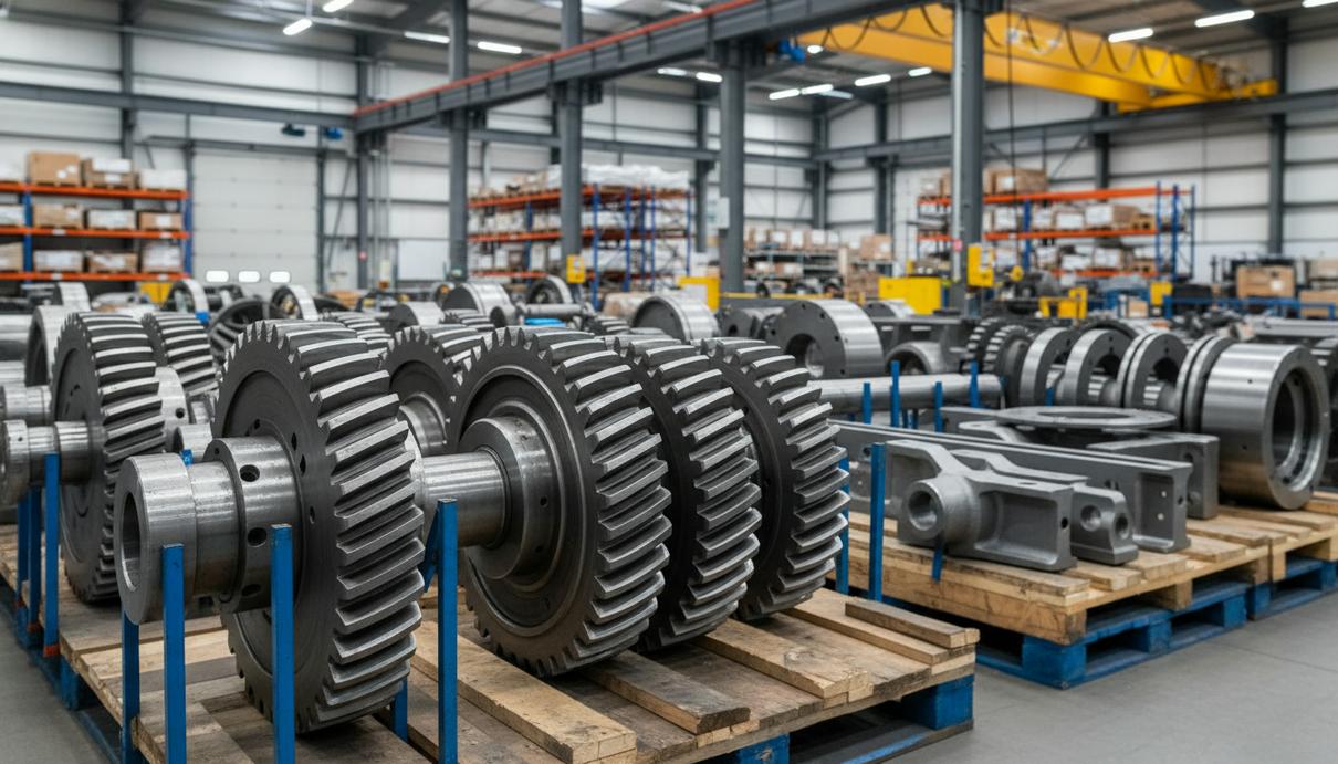 Крупный план новых запасных частей для горнодобывающего оборудования: детали буровых установок, самосвалов, погрузчиков, на промышленном складе.