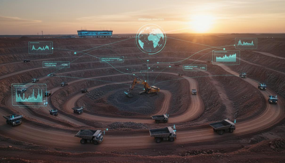 Современный крупный открытый карьер с автономной горнодобывающей техникой. На фоне видны цифровые проекции данных и аналитики, демонстрирующие автоматизацию процессов.