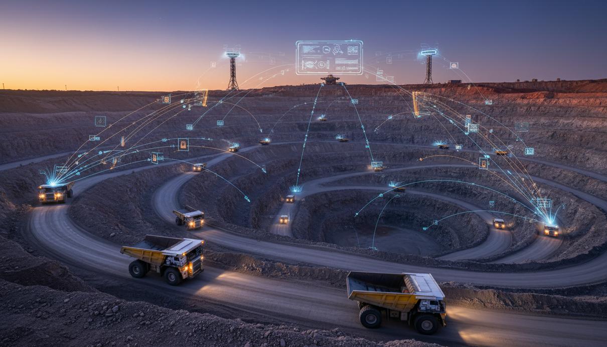 Вид на крупный карьер по добыче полезных ископаемых на рассвете. По дорогам движутся автономные карьерные самосвалы. Ландшафт с террасированными горными породами.