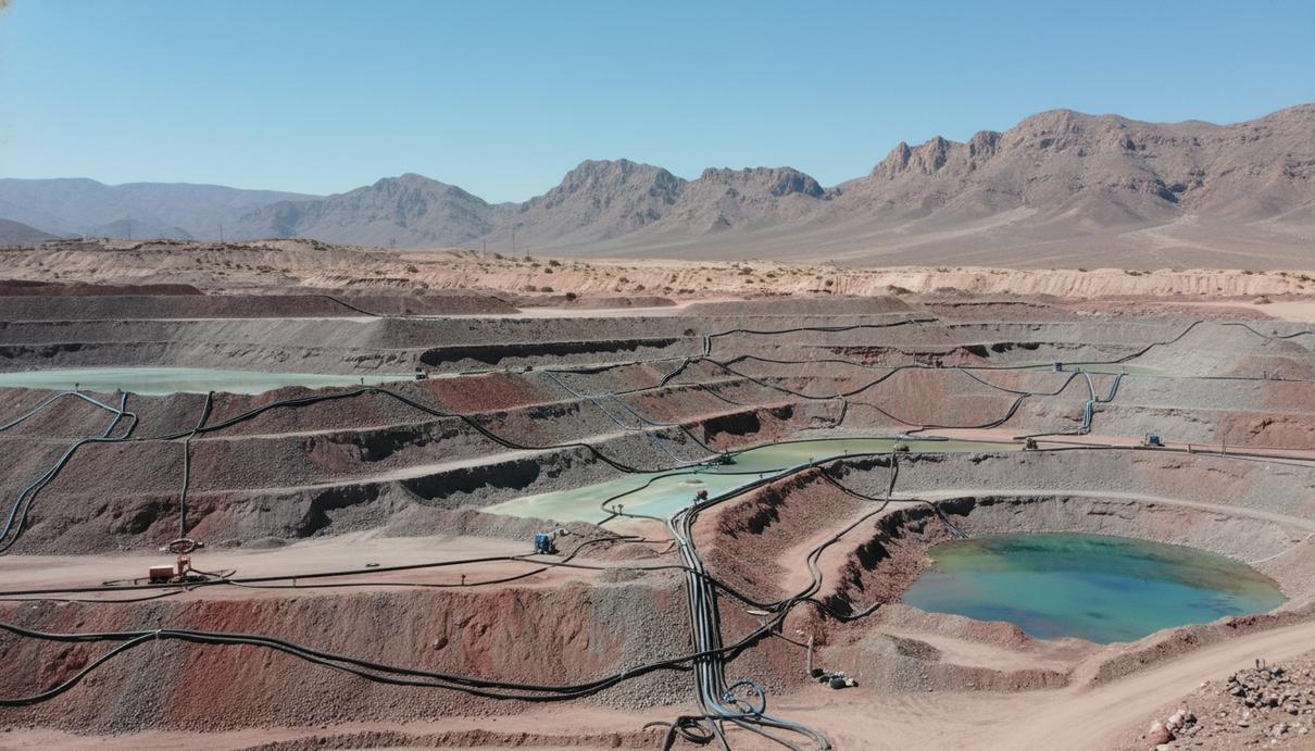 Промышленная площадка кучного выщелачивания меди с террасами руды и системой труб на фоне гор в Чили