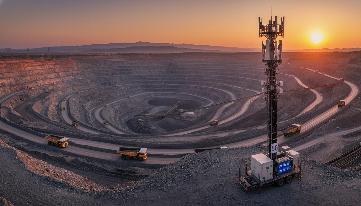 Автономные карьерные самосвалы на дорогах угольного разреза рядом с мобильной вышкой связи на фоне заката