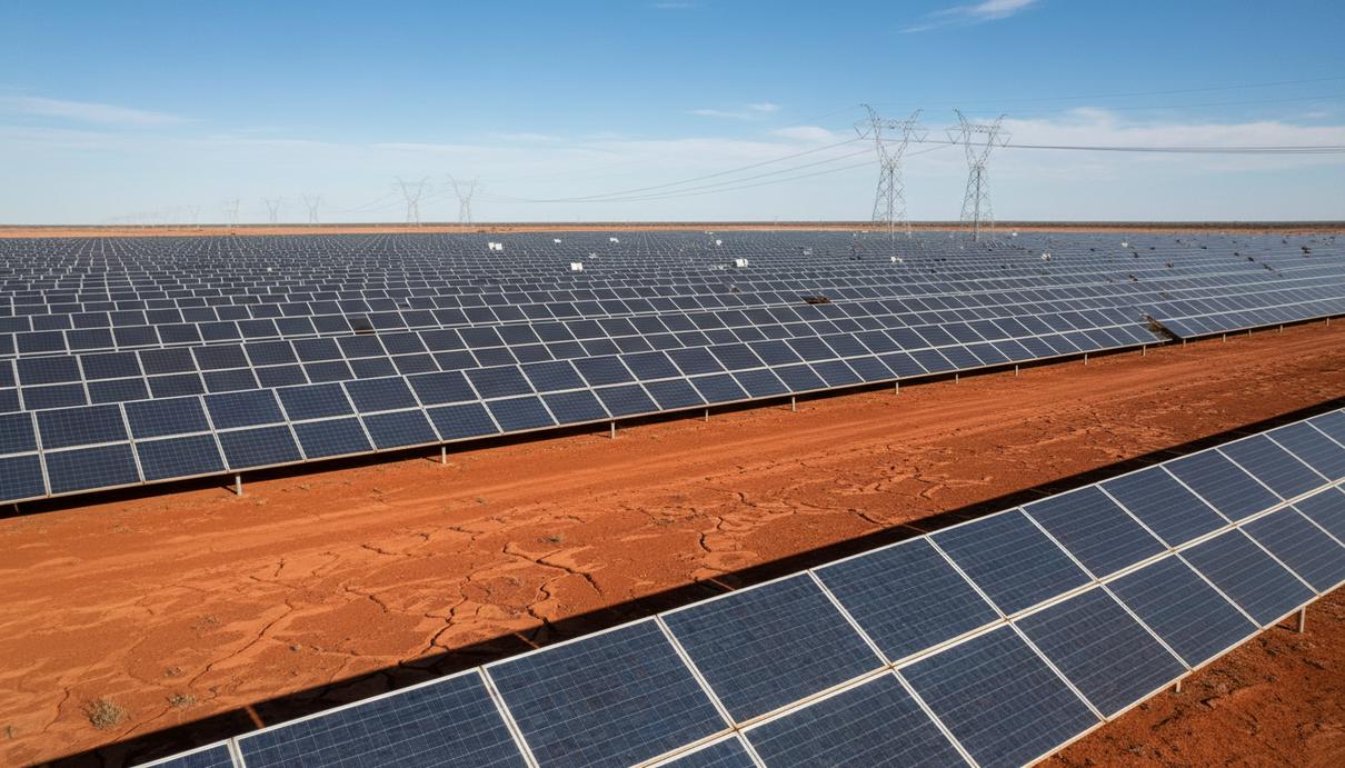 Ряды солнечных панелей и высоковольтные линии электропередач в пустынной местности Пилбара
