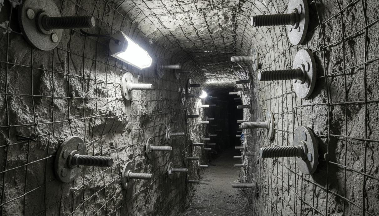 Стальные анкерные болты установленные в свод подземной горной выработки с искусственным освещением