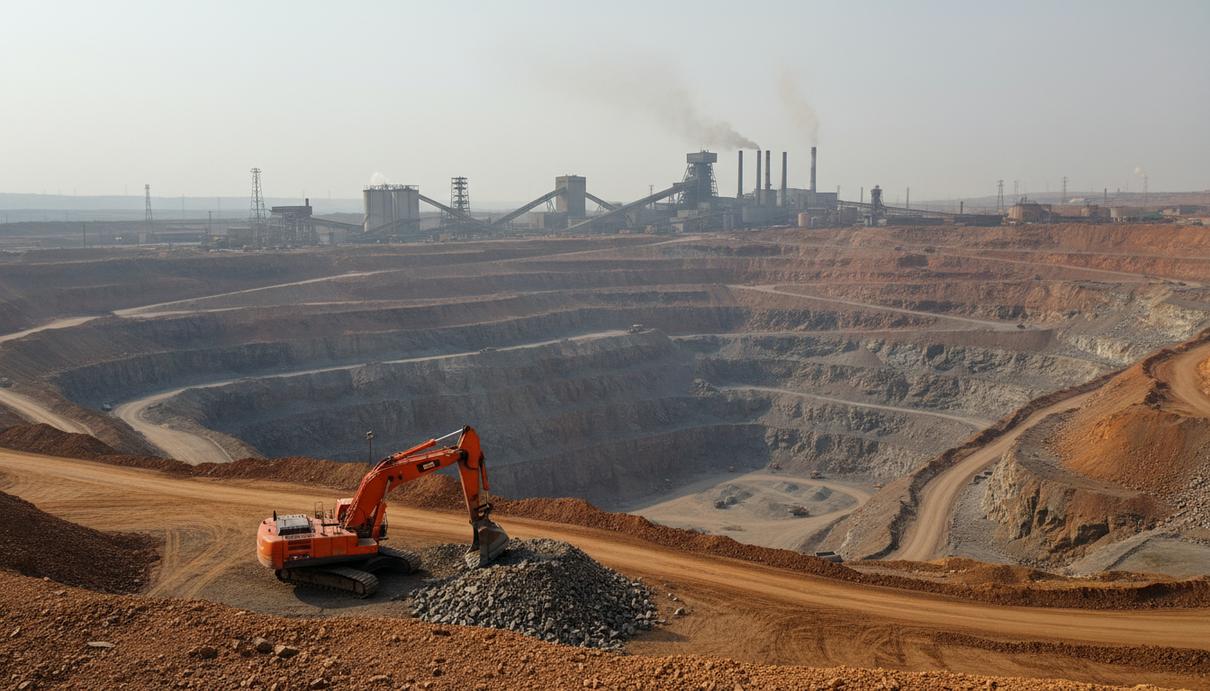 Масштабный промышленный карьер с террасами и тяжелой горной техникой на фоне дымки.