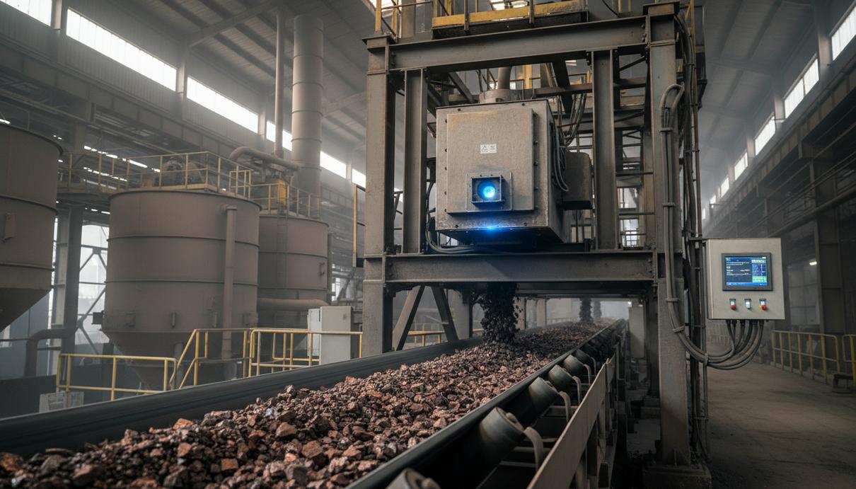 Промышленный анализатор на конвейерной линии медеплавильного завода в Хуанши.