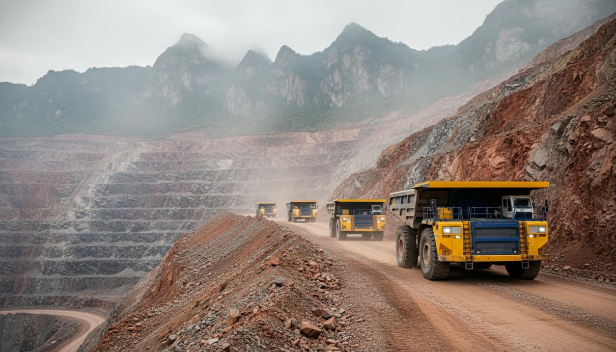 Беспилотные электрические самосвалы на узкой дороге в глубоком карьере на фоне гор