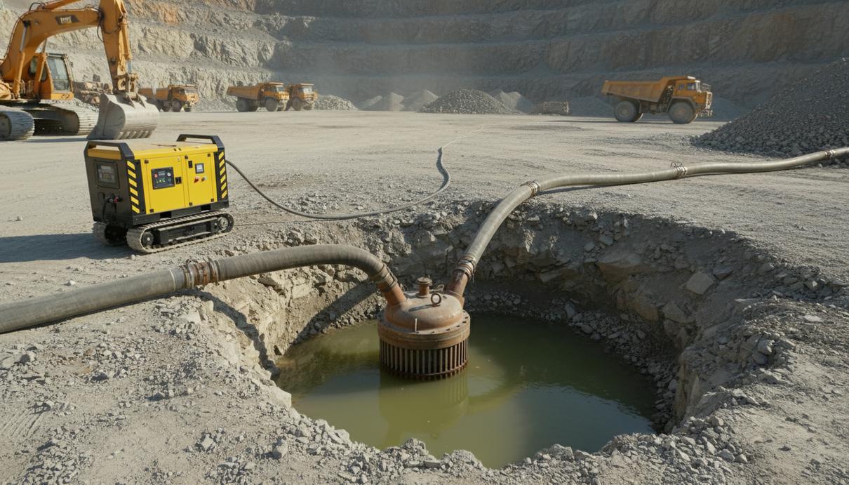 Промышленный погружной насос и мобильный аккумуляторный блок со шлангами на территории карьера.