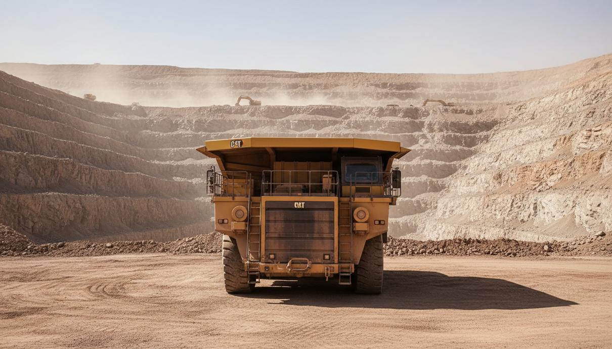 Тяжелый карьерный самосвал на фоне многоуровневого угольного разреза в промышленной зоне