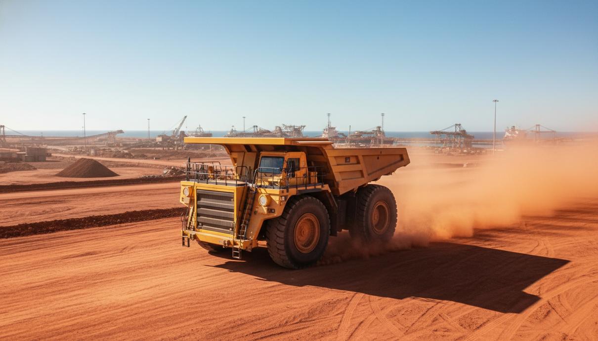 Желтый карьерный самосвал XCMG XDE260 на фоне красной земли и промышленного пейзажа Западной Австралии