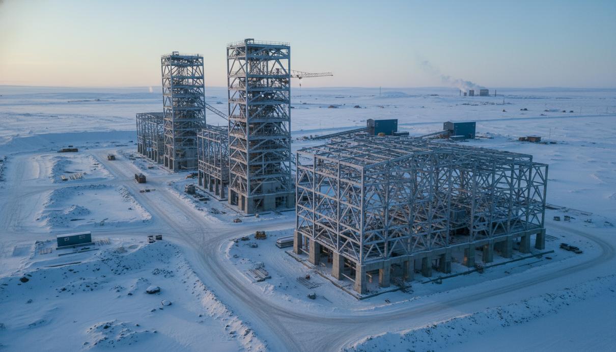 Строительство промышленного здания обогатительной фабрики с металлическим каркасом на фоне северного рельефа