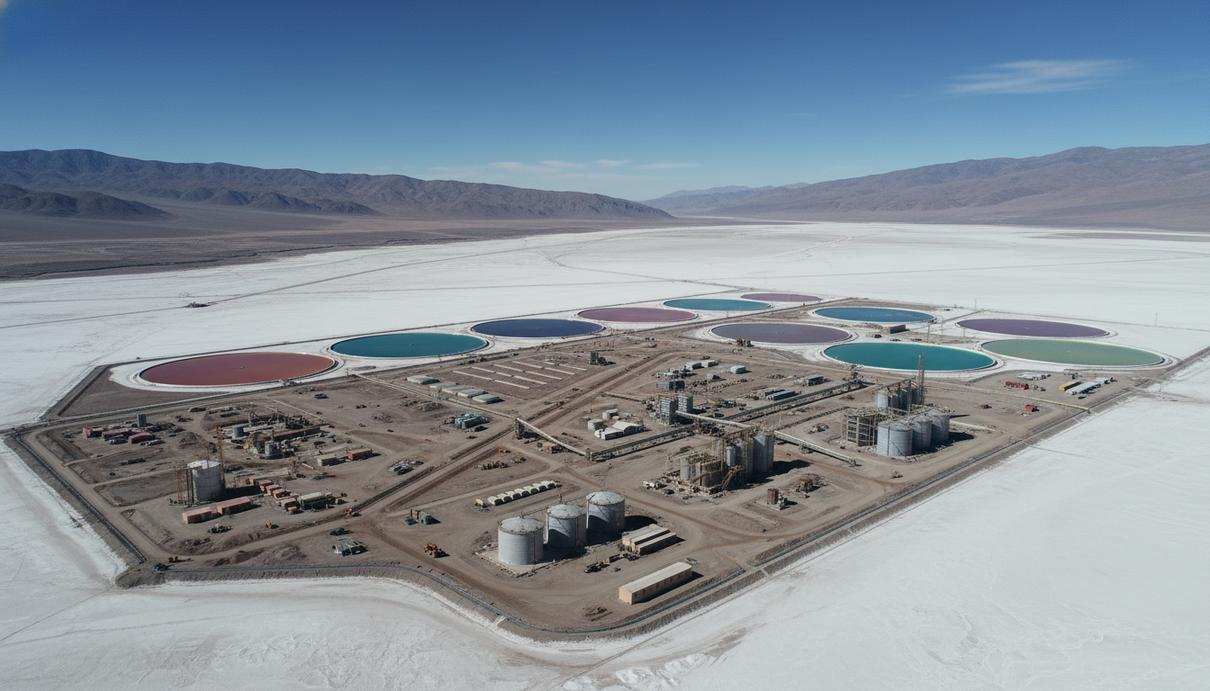 Строительная площадка промышленного предприятия на солончаке в горах Аргентины под синим небом.