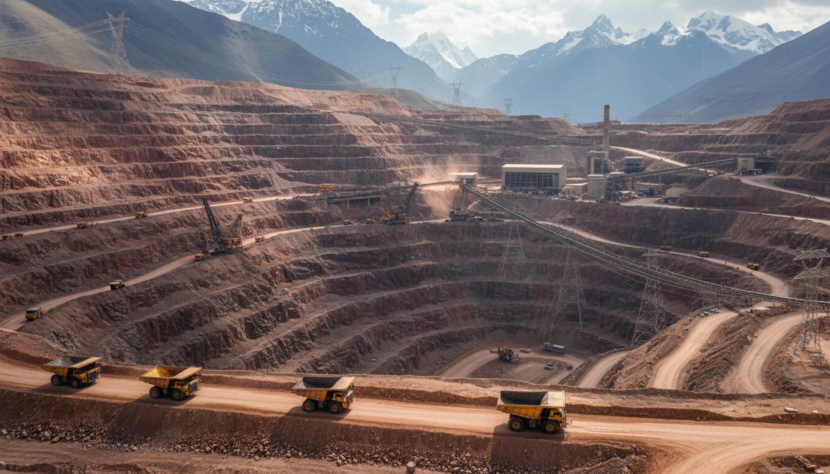 Вид на горнодобывающий карьер в горах с террасами и работающей желтой спецтехникой