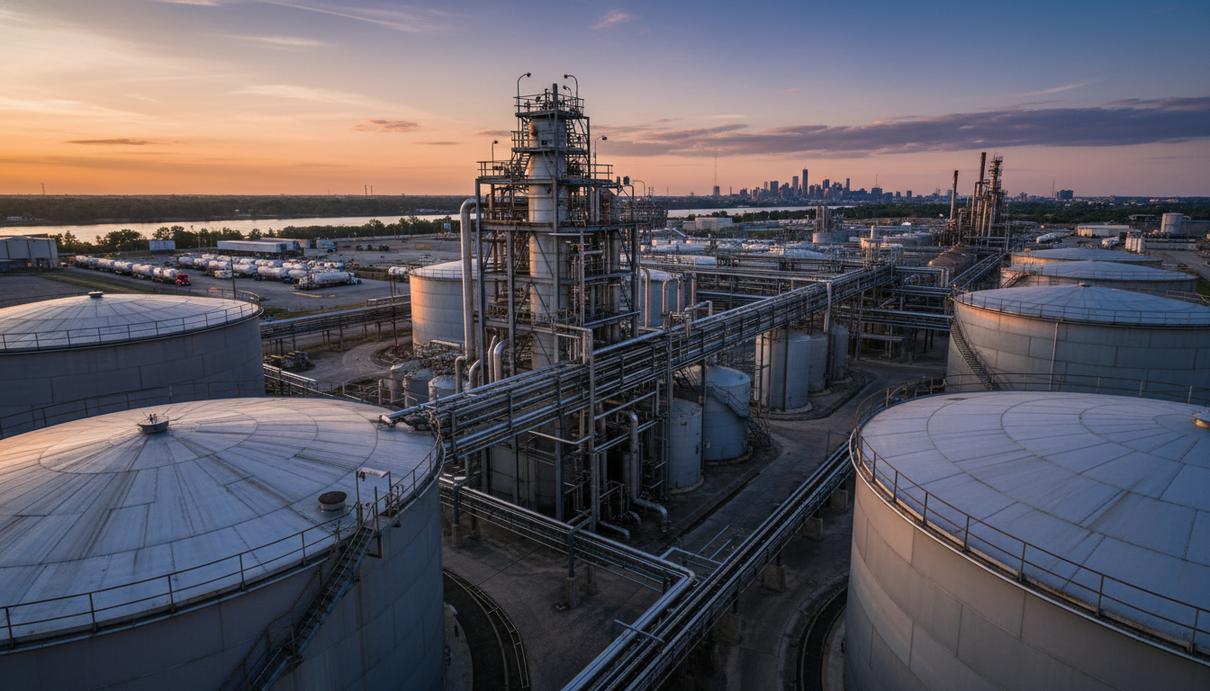 Промышленные мощности химического завода с массивными резервуарами и системой трубопроводов