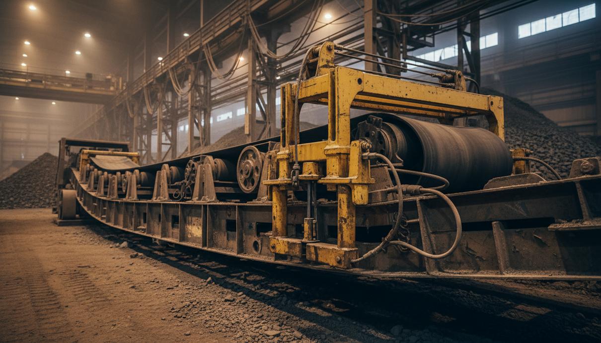 Промышленный механический подъемник желтого цвета, установленный на стальной раме конвейера для обслуживания ленты.