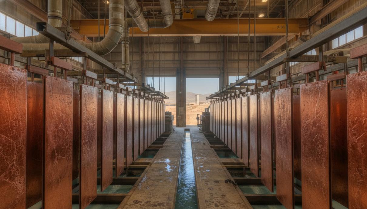 Медные катоды в цехе электролиза на промышленном предприятии Florence Copper в Аризоне