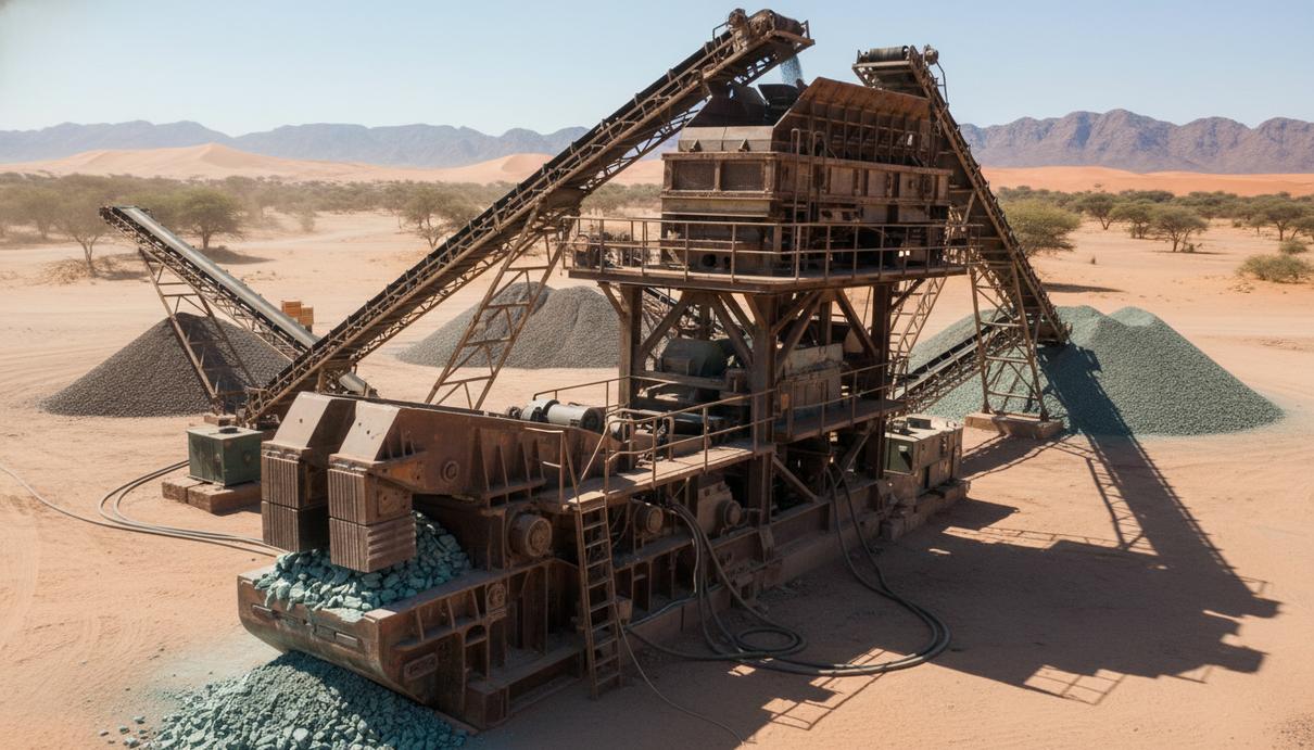 Промышленная щековая дробилка и конвейерная лента на фоне горного ландшафта в Намибии