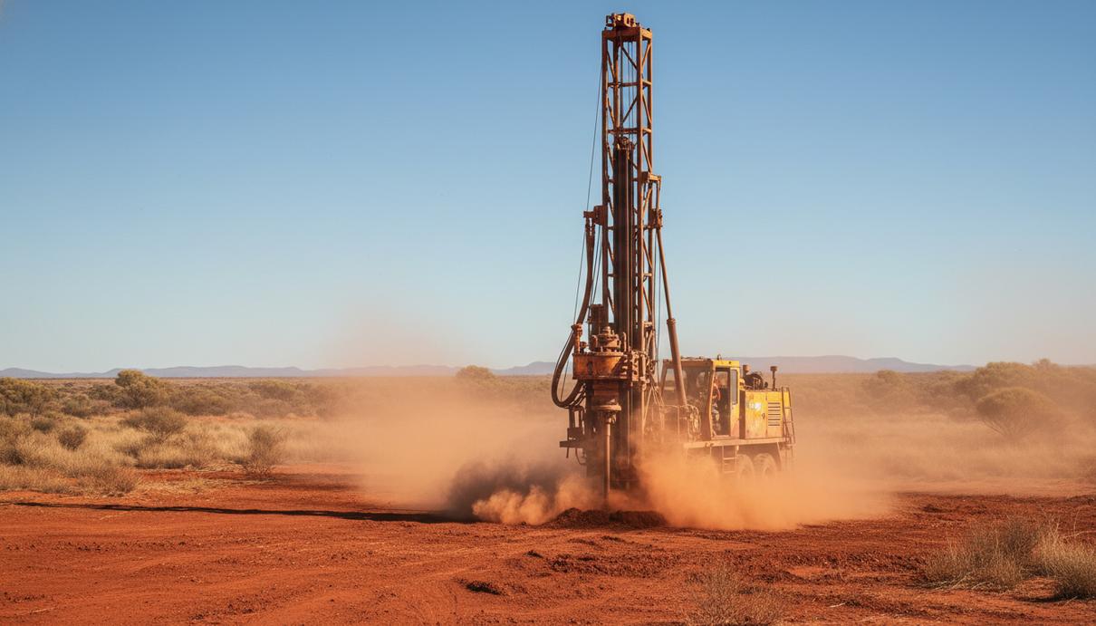 Буровая установка на гусеничном ходу работает на участке в засушливой местности Западной Австралии.