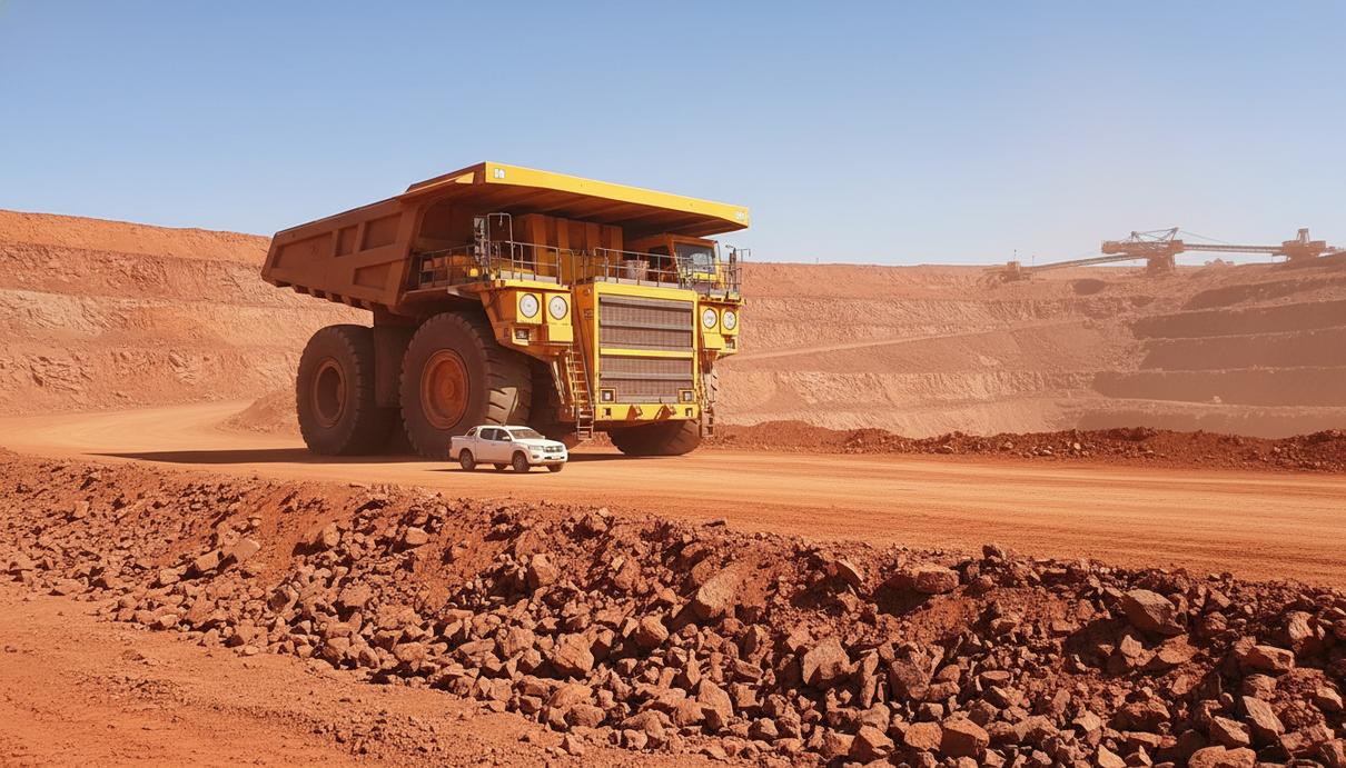 Тяжелый карьерный самосвал и белый внедорожник на территории горного разреза с красной почвой.