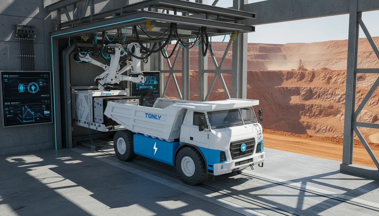 Современный карьерный самосвал белого цвета возле станции автоматической замены аккумуляторов в глубоком разрезе.