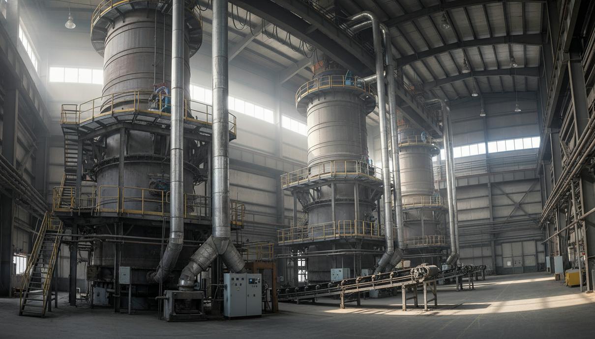 Ряд массивных вертикальных башенных мельниц и стальных конструкций внутри современного цеха