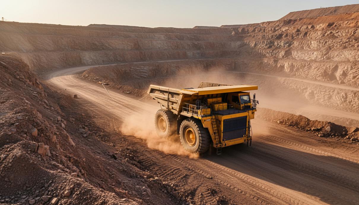 Тяжелый карьерный самосвал на фоне многоуровневого каменного карьера в лучах заходящего солнца.