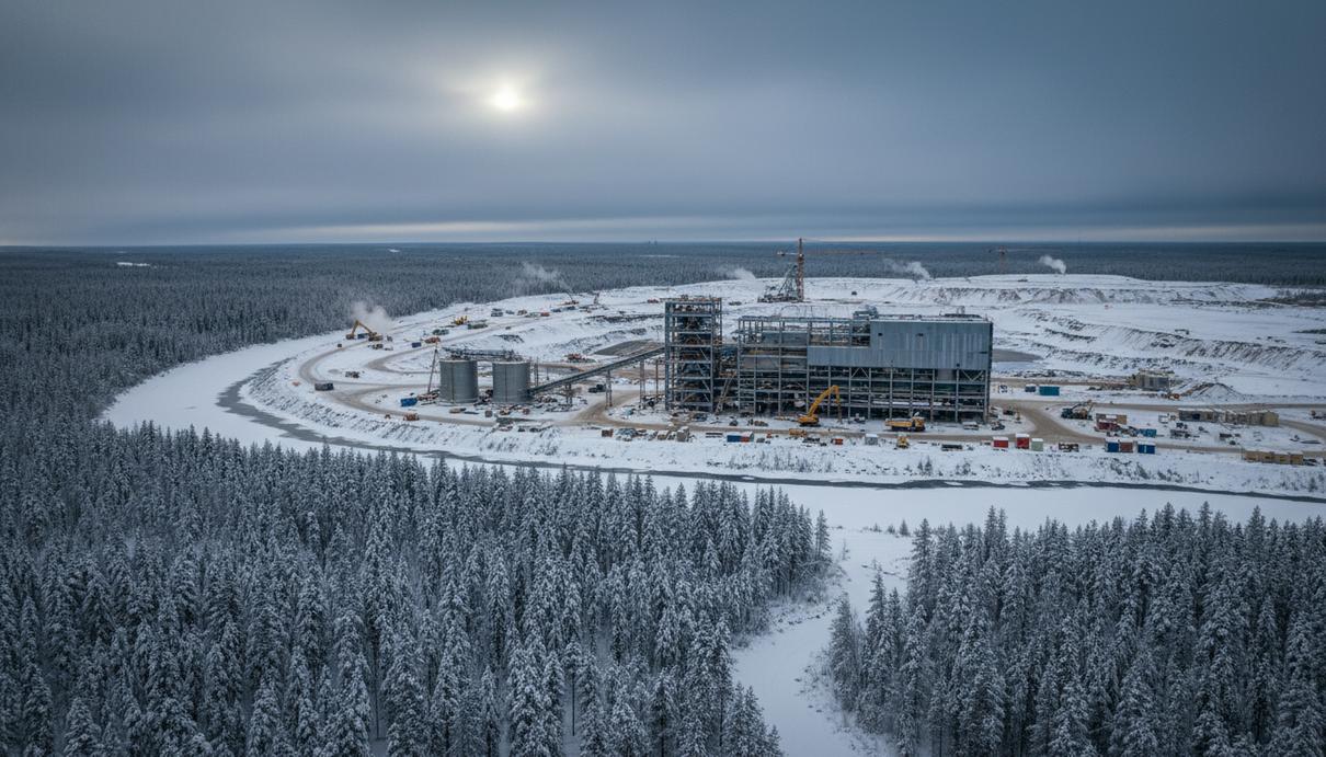 Строительная площадка горно-обогатительного комбината в заснеженной лесистой местности Лапландии