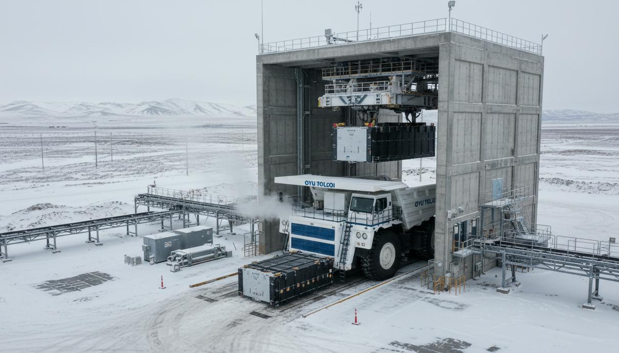 Электрический карьерный самосвал на автоматизированной станции замены батарей в зимней Монголии