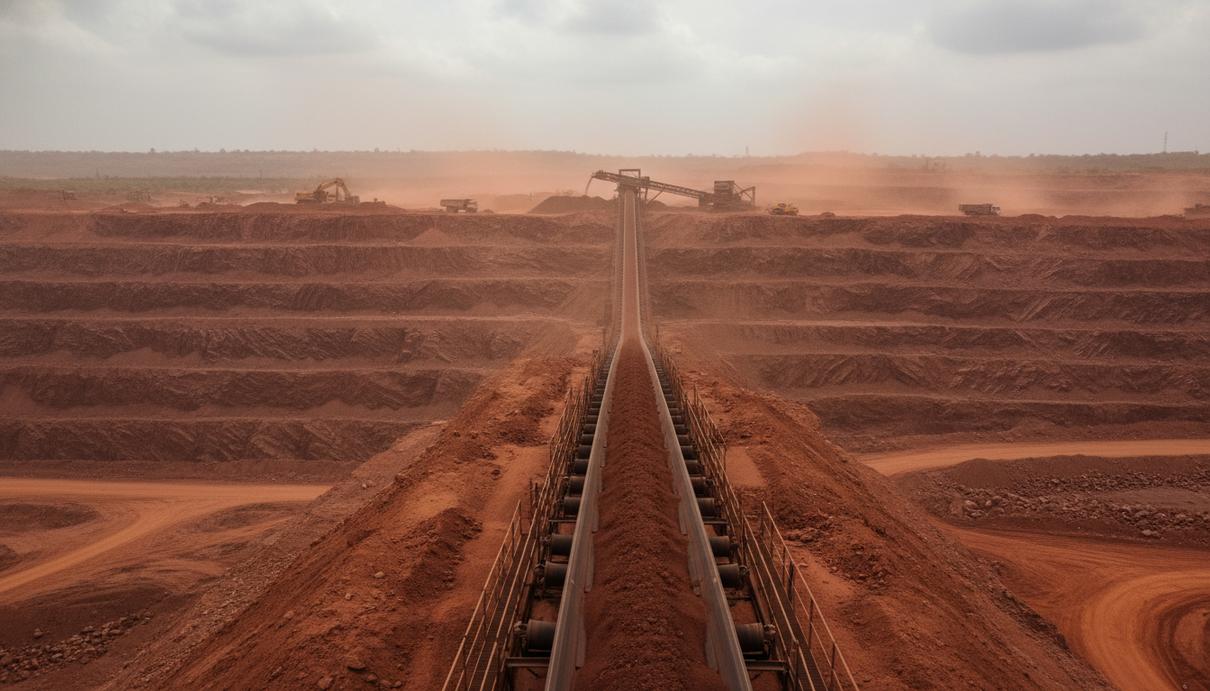 Карьер по добыче железной руды с конвейерной лентой на склоне и залежами красной породы