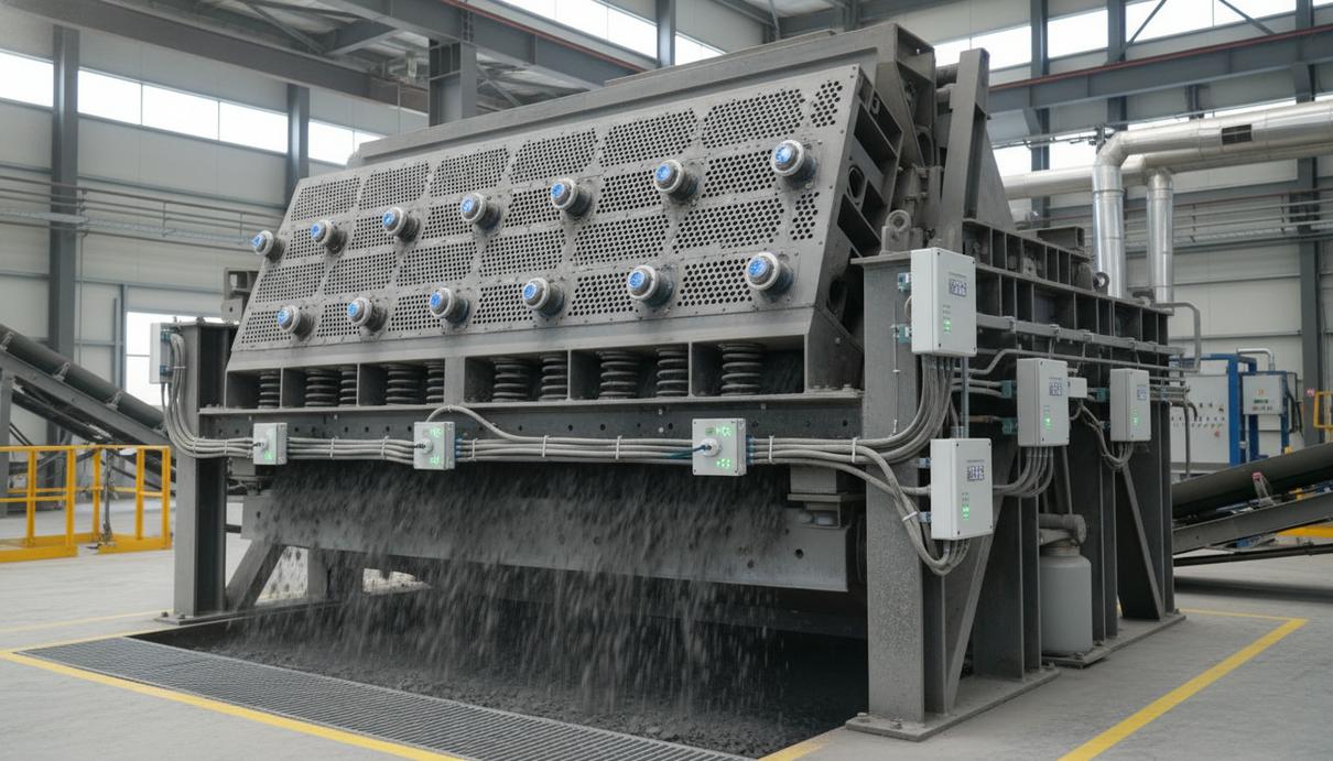 Промышленный вибрационный грохот с установленными на нем цифровыми датчиками в цехе горнообогатительного комбината