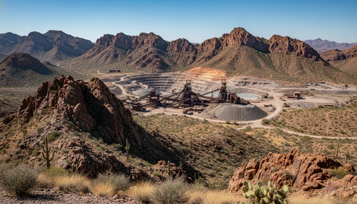 Промышленная площадка медного рудника на фоне пустынного скалистого ландшафта Аризоны