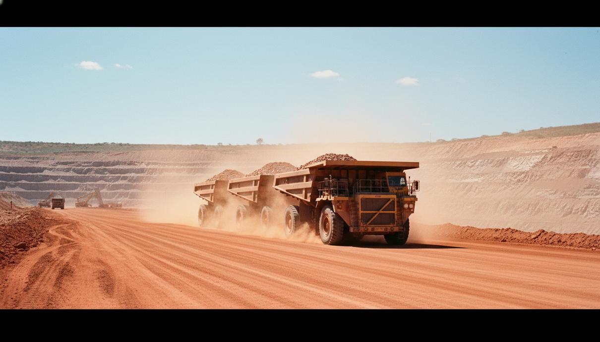 Тяжелый грузовой автопоезд с тремя прицепами едет по пыльной дороге на территории рудника