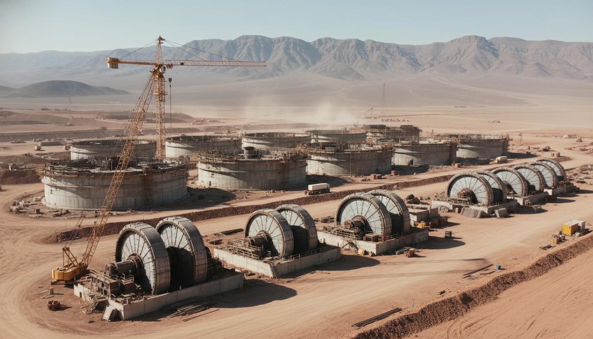 Промышленный комплекс обогатительной фабрики с крупными мельницами в условиях горной пустыни.