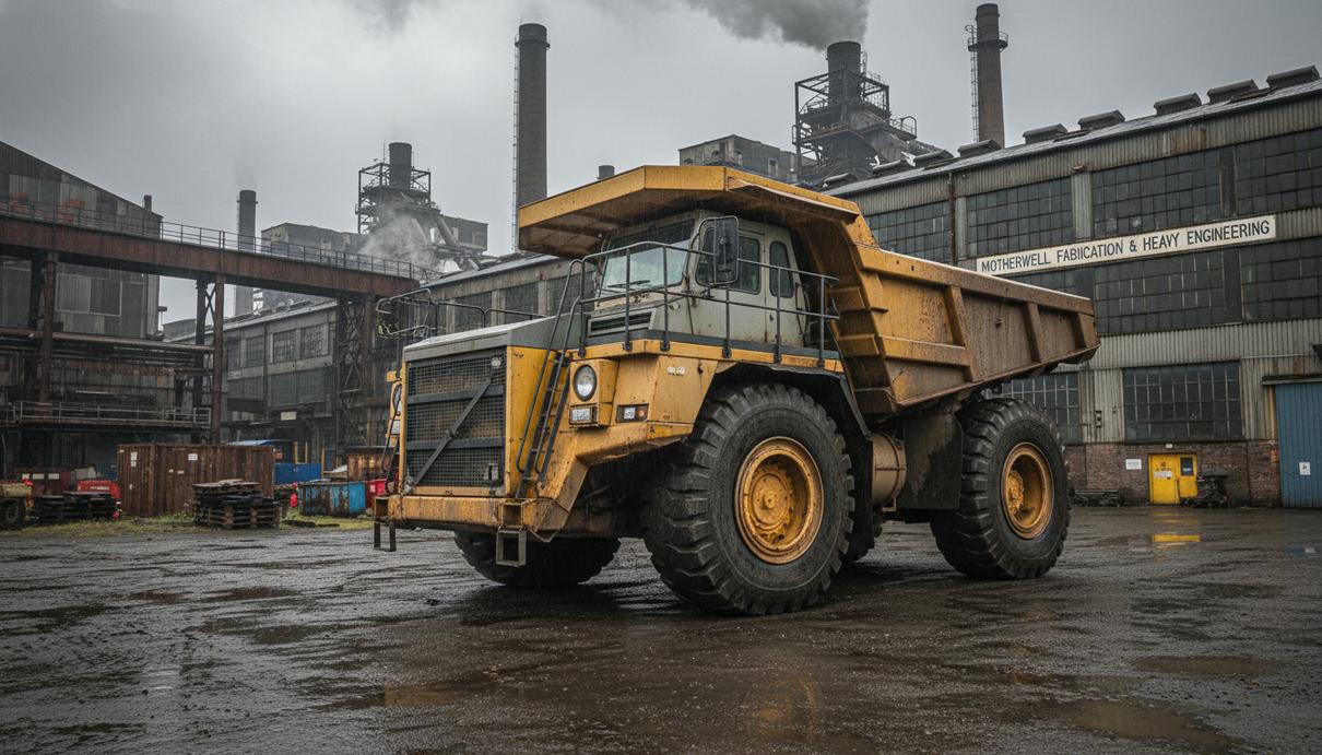 Сочлененный самосвал на стоянке перед производственным корпусом завода в Шотландии