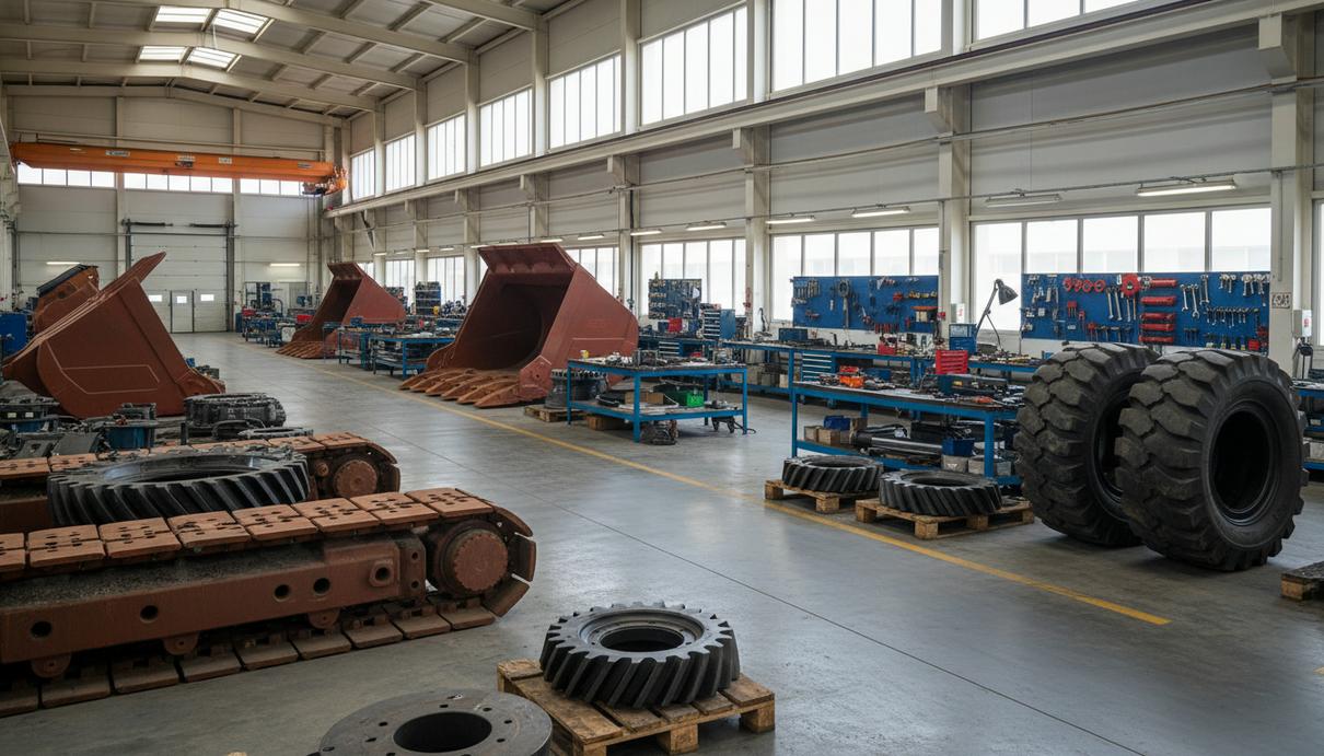 Интерьер промышленного сервисного центра с крупными узлами горнодобывающей техники и запасными частями