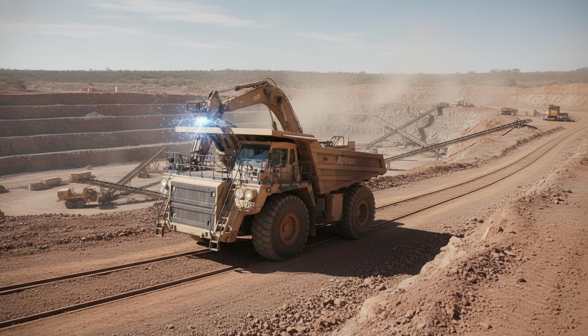 Электрический карьерный самосвал на рампе в карьере подключен к системе динамической зарядки.