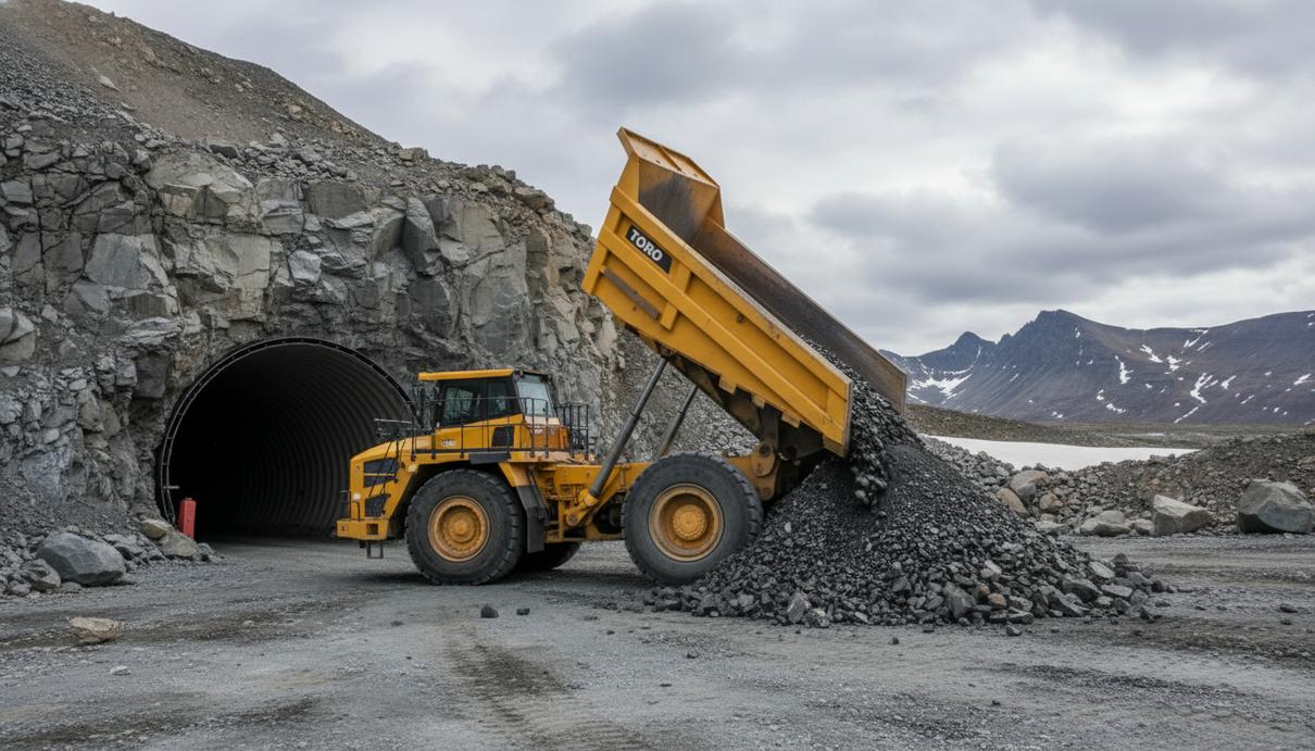 Желтый карьерный самосвал выгружает горную породу на фоне промышленного портала подземного рудника