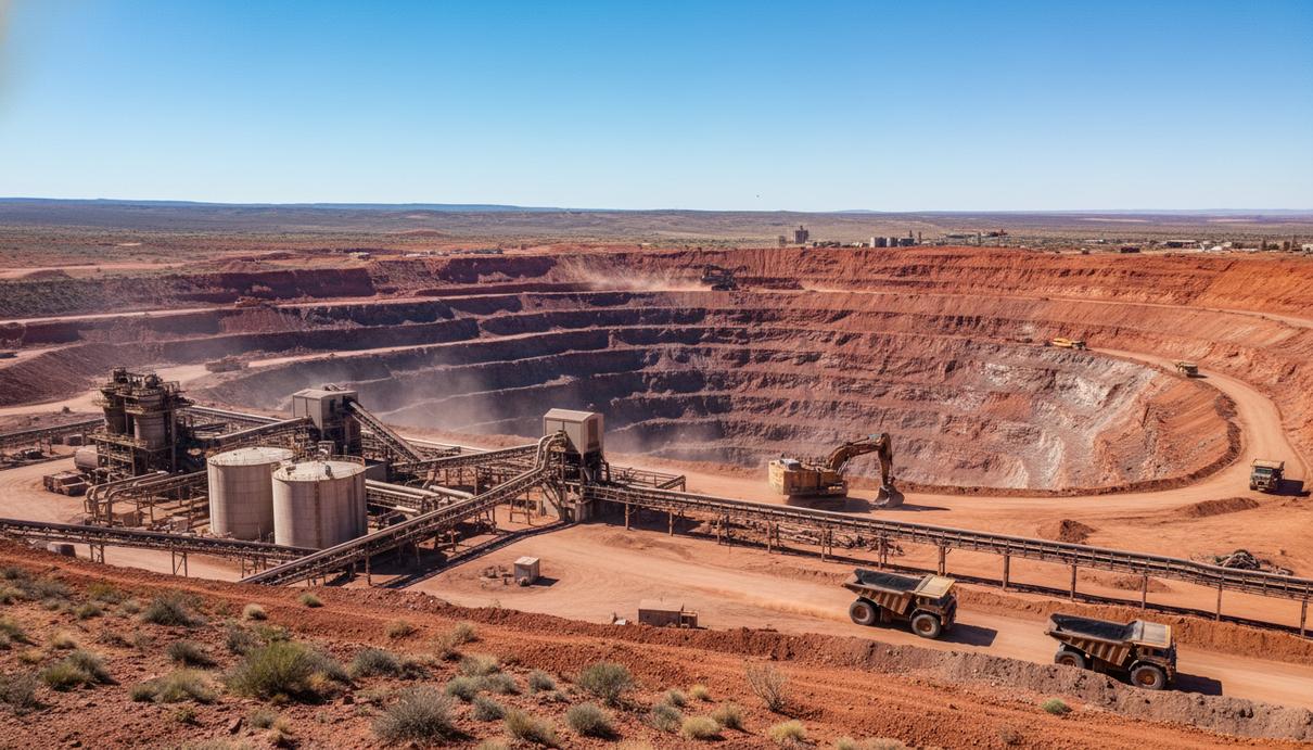 Открытый медный карьер и перерабатывающий завод в штате Юта с работающими экскаваторами и самосвалами