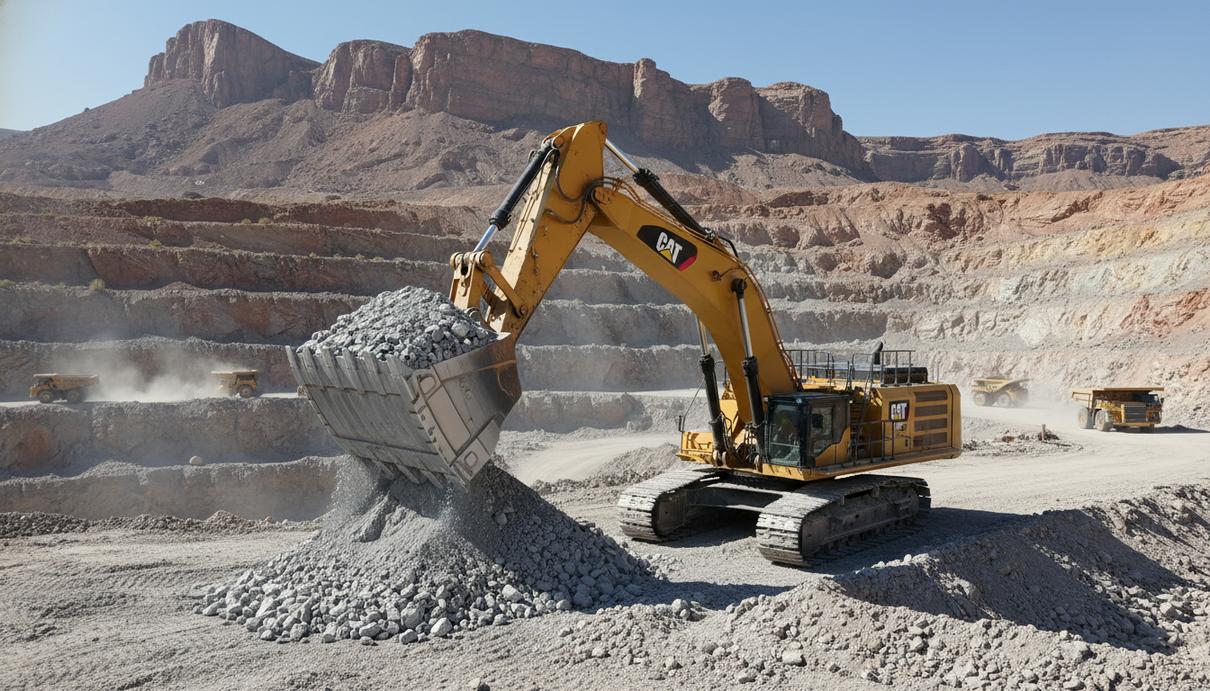 Гидравлический экскаватор и карьерные самосвалы в процессе добычи руды на разрезе в штате Айдахо.