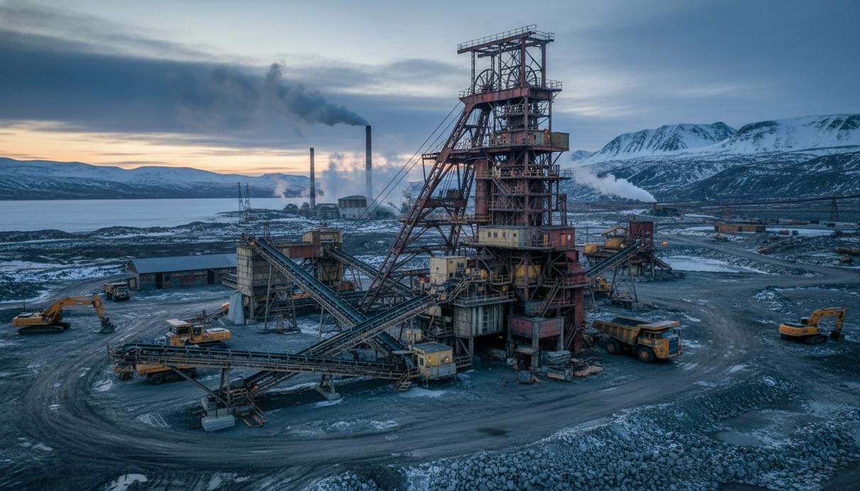 Промышленное здание шахтного подъема и конвейерные линии на территории горнодобывающего предприятия