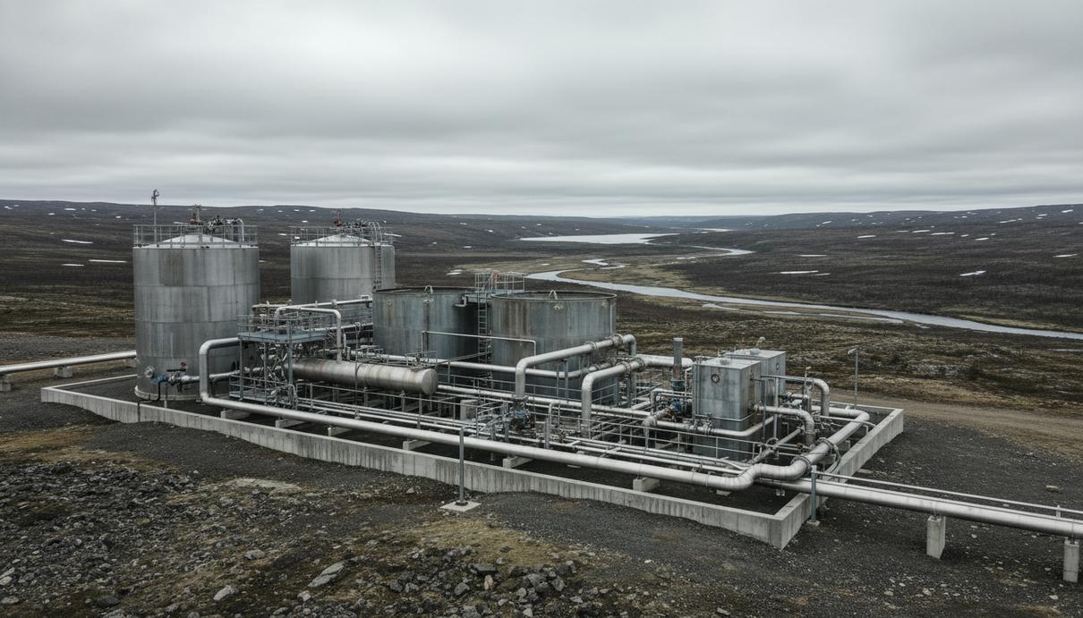 Промышленные установки очистки воды и резервуары на фоне северного пейзажа канадского рудника