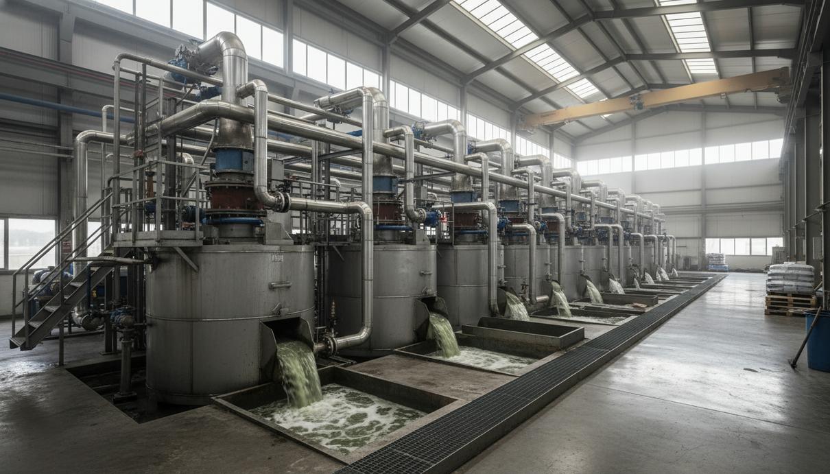 Промышленные стальные установки флотации и система трубопроводов в цехе обогатительной фабрики