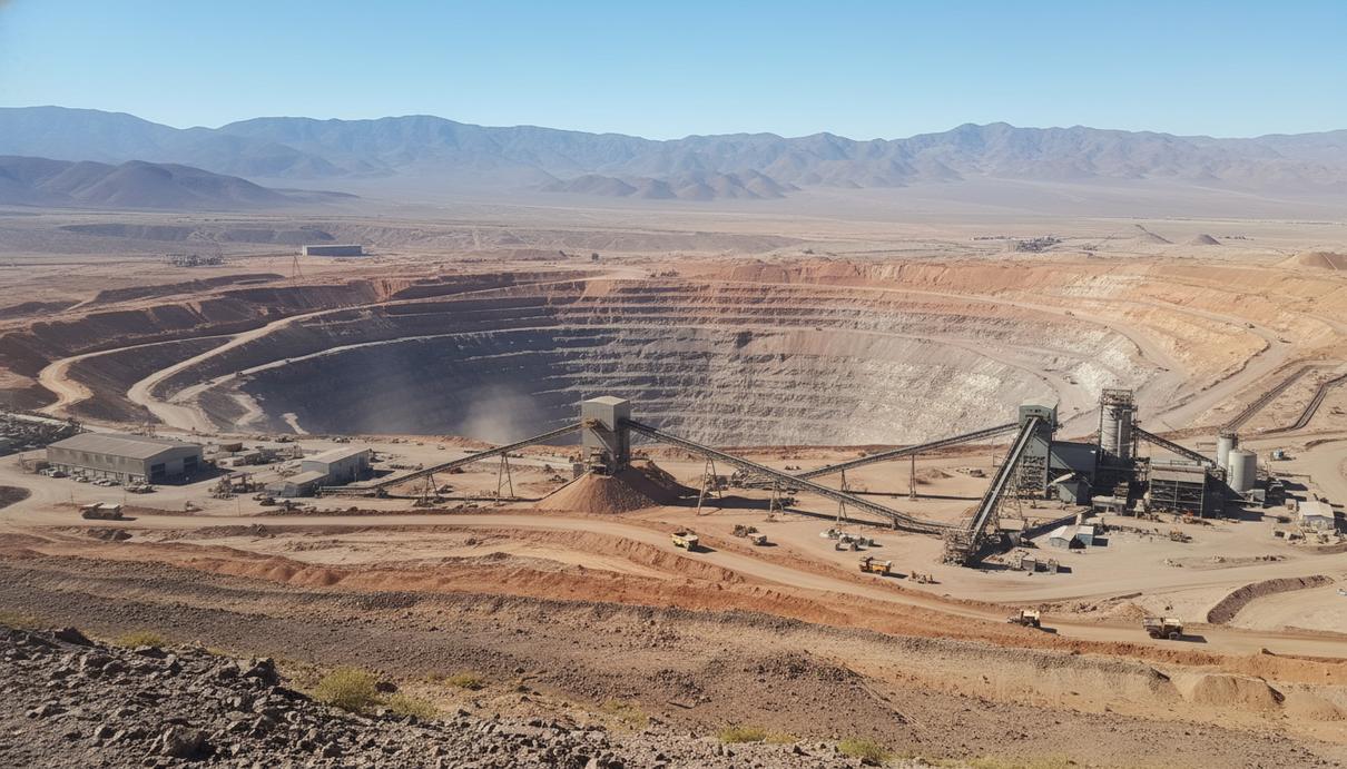 Панорамный вид на глубокий террасированный карьер медного рудника в пустынной горной местности