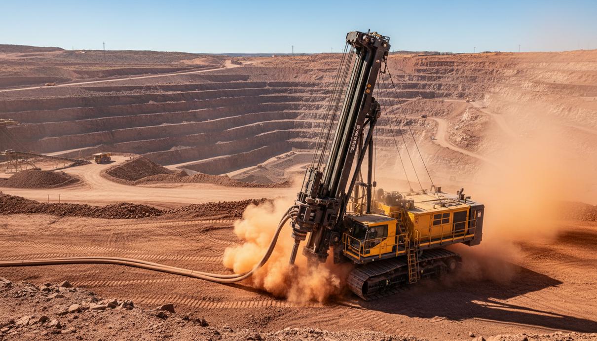 Электрическая буровая установка для взрывных скважин работает в карьере на фоне открытой разработки