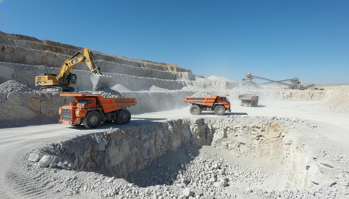 Желтый гидравлический экскаватор и белые карьерные самосвалы работают на территории карьера