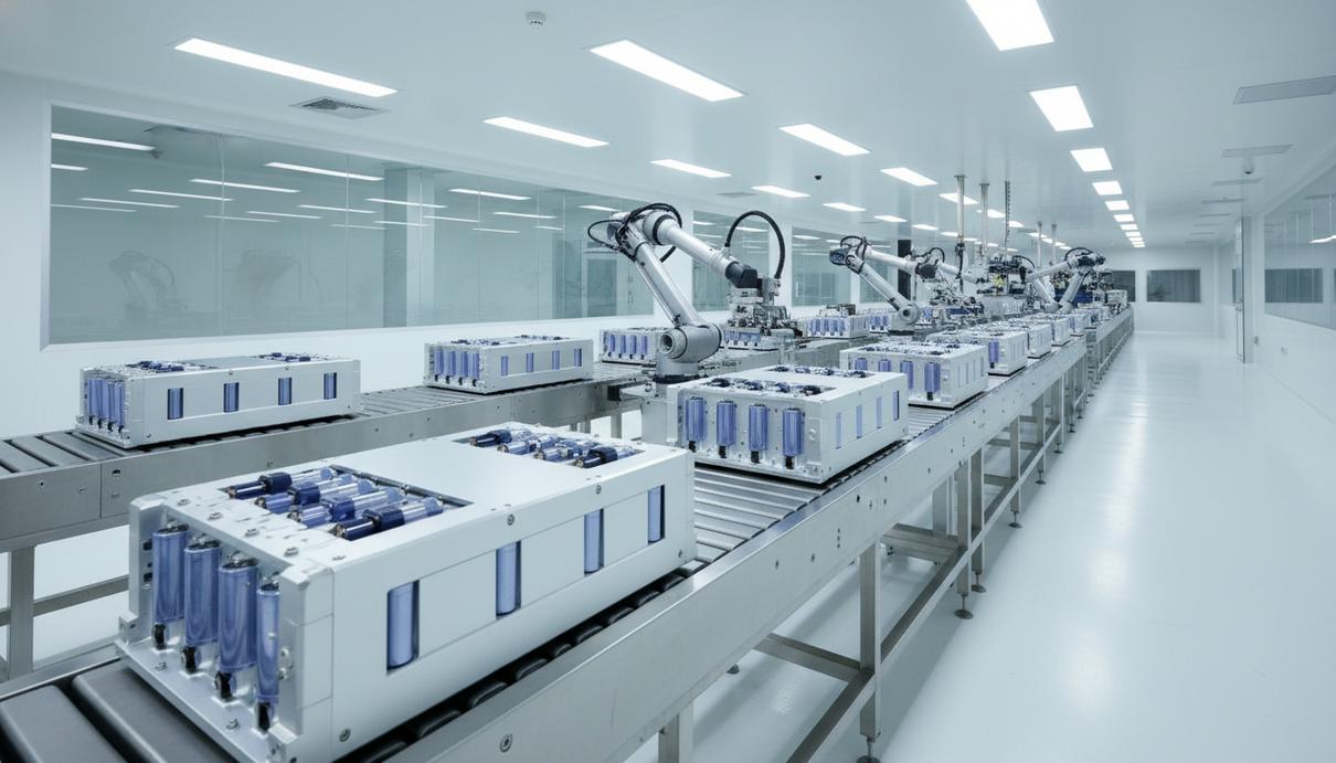 Промышленные аккумуляторные ячейки и модули на сборочной линии современного завода